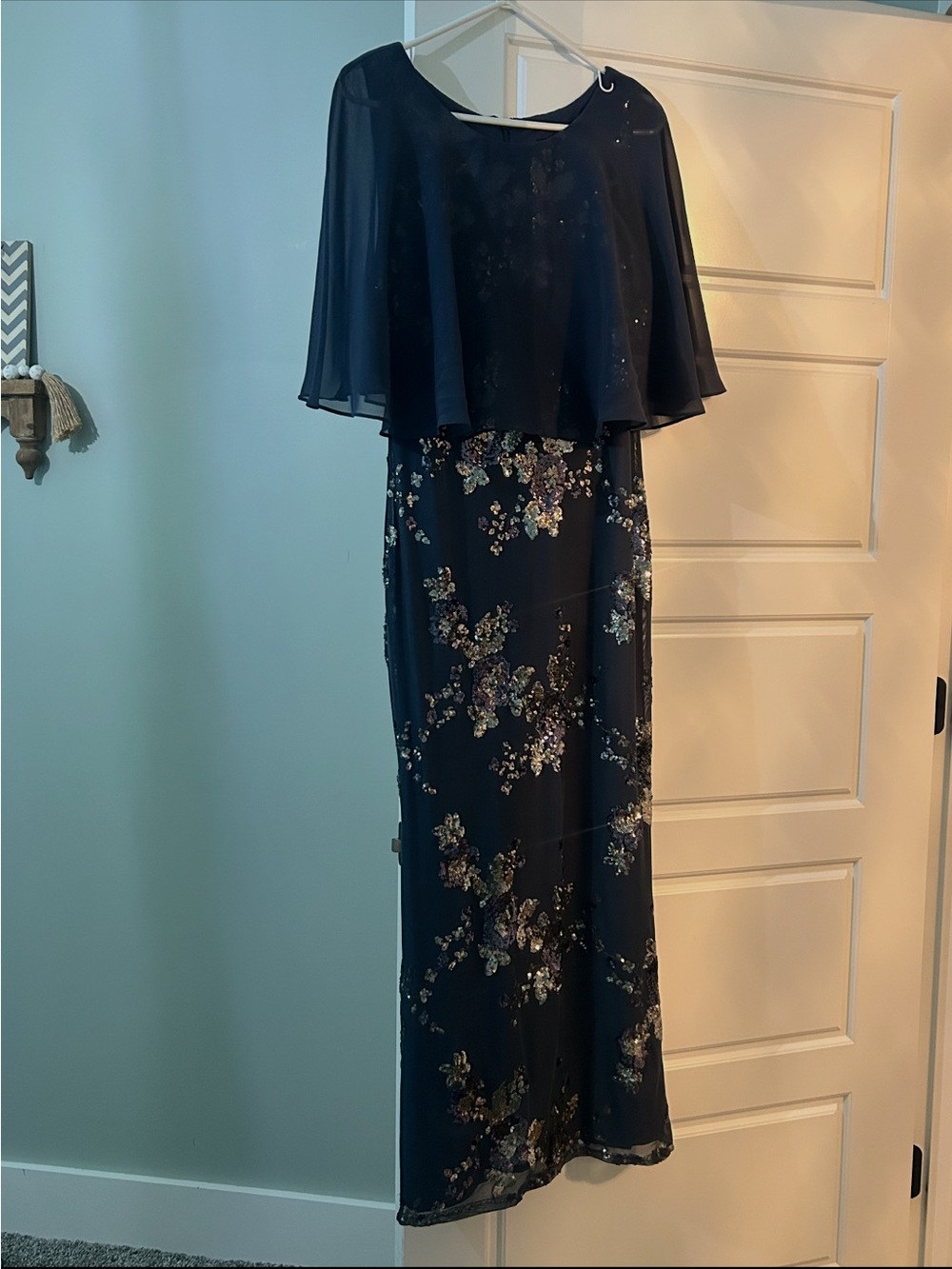 Navy Sequin Floral Maxi Skirt with Chiffon Overlay